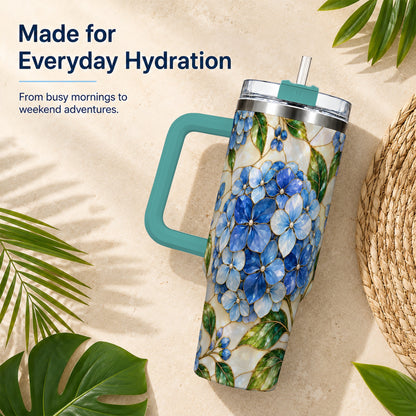 #pl[40oz|Green] Hydrangea Mosaic 40oz Tumbler with Handle, Floral Stainless Steel Cup