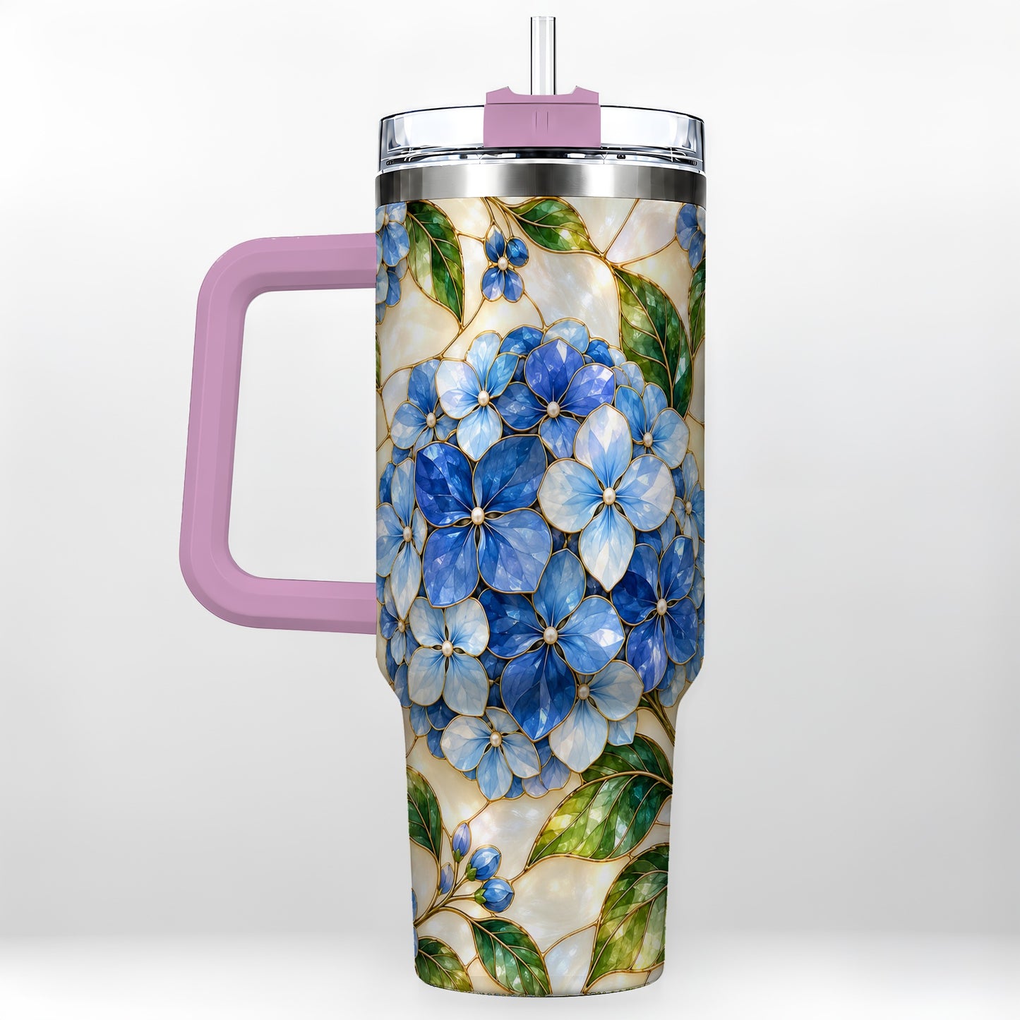 #pl[40oz|Pink] Hydrangea Mosaic 40oz Tumbler with Handle, Floral Stainless Steel Cup