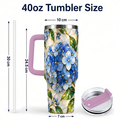 #pl[40oz|Pink] Hydrangea Mosaic 40oz Tumbler with Handle, Floral Stainless Steel Cup