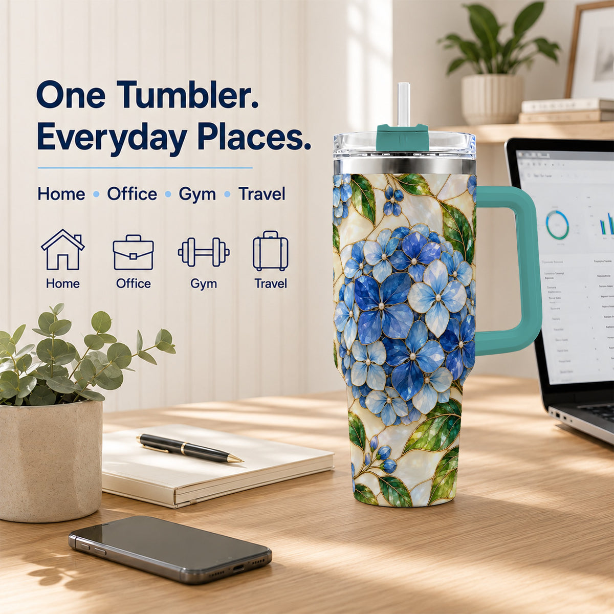 #pl[40oz|Green] Hydrangea Mosaic 40oz Tumbler with Handle, Floral Stainless Steel Cup