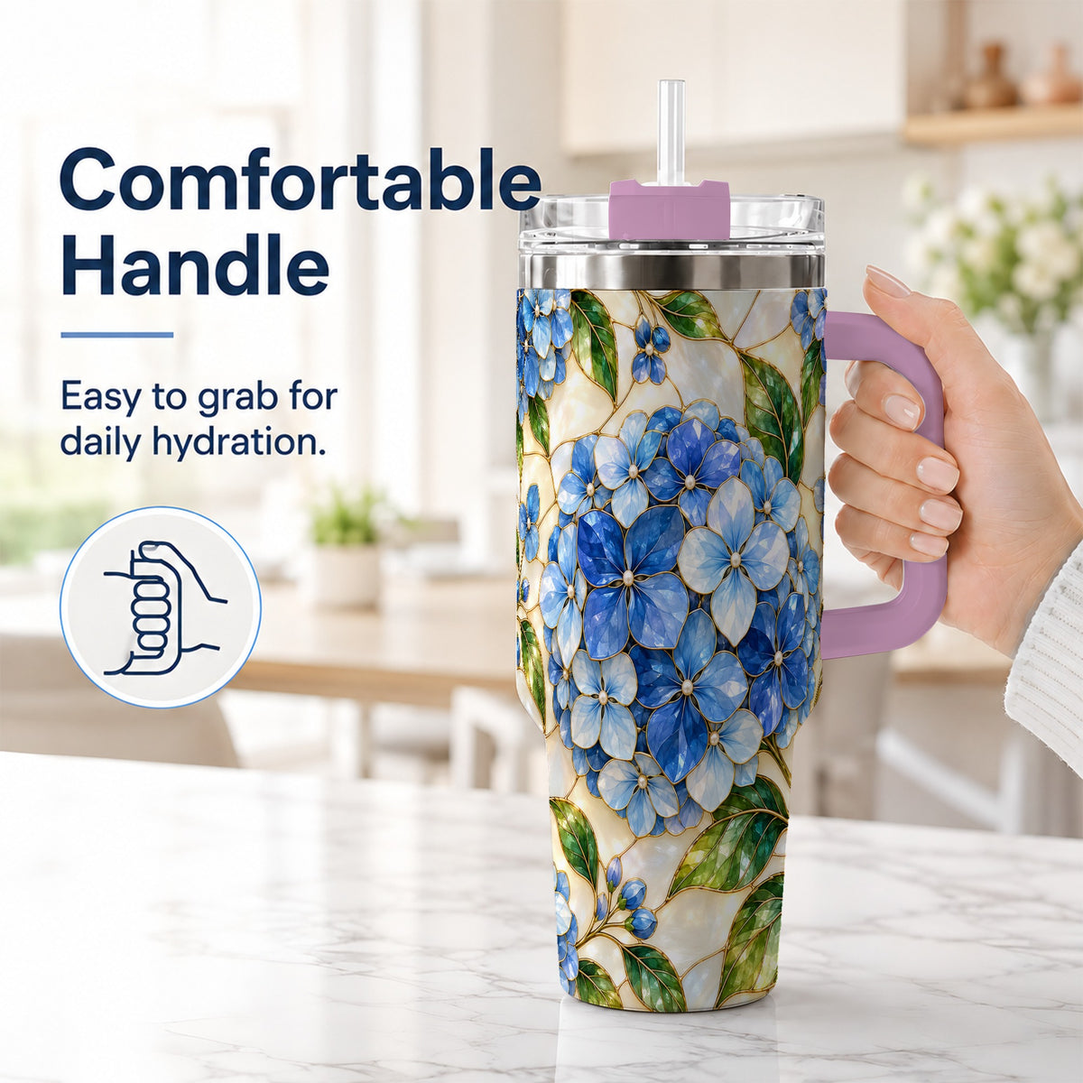 #pl[40oz|Pink] Hydrangea Mosaic 40oz Tumbler with Handle, Floral Stainless Steel Cup