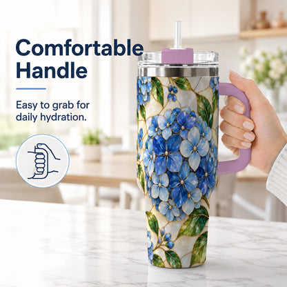 #pl[40oz|Pink] Hydrangea Mosaic 40oz Tumbler with Handle, Floral Stainless Steel Cup