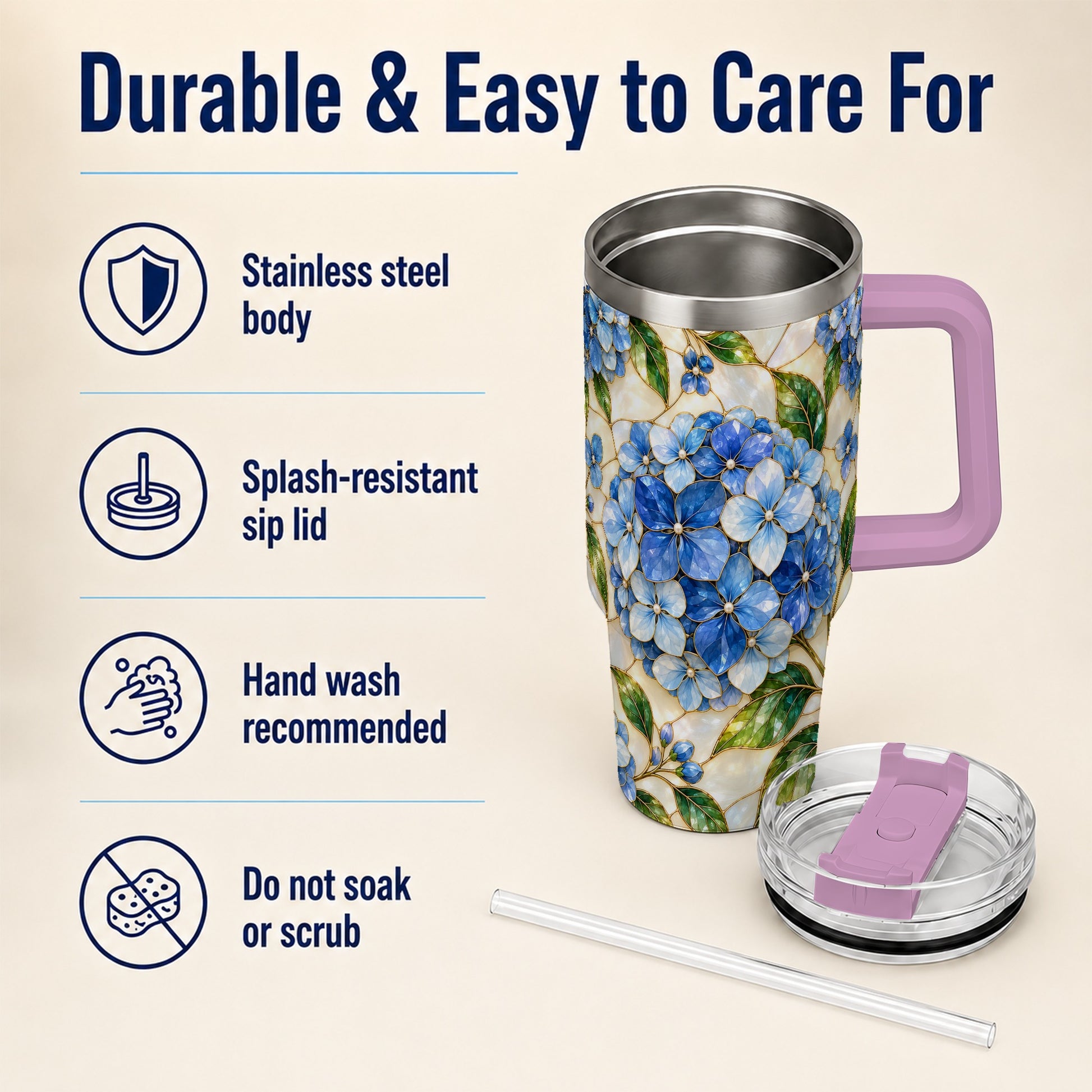 #pl[40oz|Pink] Hydrangea Mosaic 40oz Tumbler with Handle, Floral Stainless Steel Cup