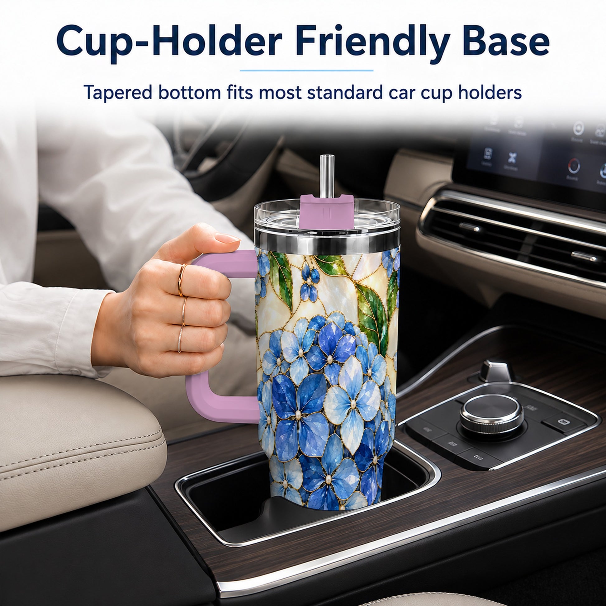 #pl[40oz|Pink] Hydrangea Mosaic 40oz Tumbler with Handle, Floral Stainless Steel Cup