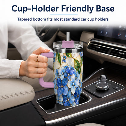 #pl[40oz|Pink] Hydrangea Mosaic 40oz Tumbler with Handle, Floral Stainless Steel Cup