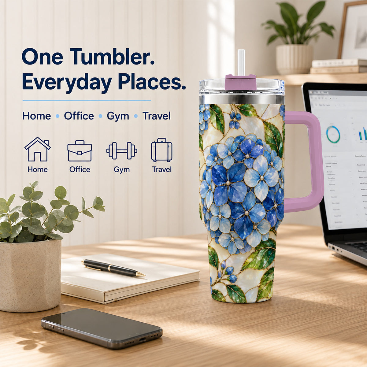 #pl[40oz|Pink] Hydrangea Mosaic 40oz Tumbler with Handle, Floral Stainless Steel Cup