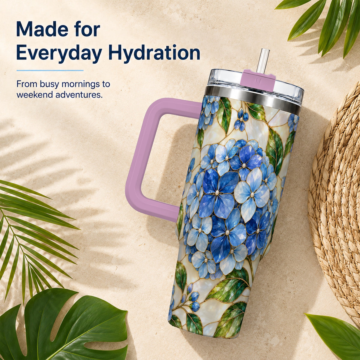 #pl[40oz|Pink] Hydrangea Mosaic 40oz Tumbler with Handle, Floral Stainless Steel Cup