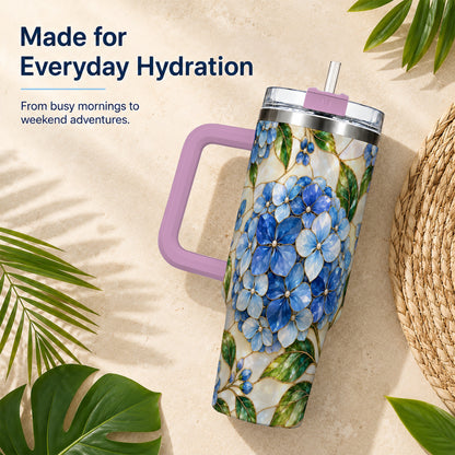 #pl[40oz|Pink] Hydrangea Mosaic 40oz Tumbler with Handle, Floral Stainless Steel Cup