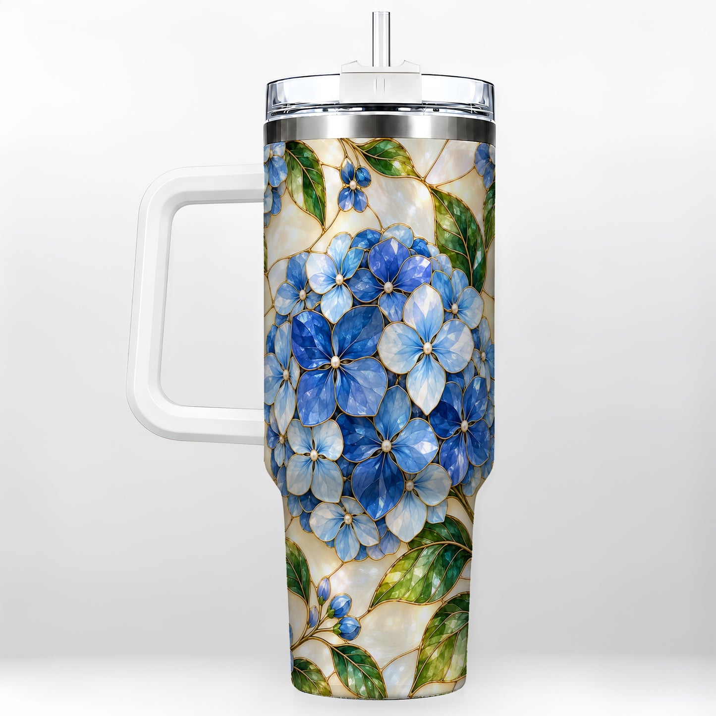 Hydrangea Mosaic 40oz Tumbler with Handle, Floral Stainless Steel Cup