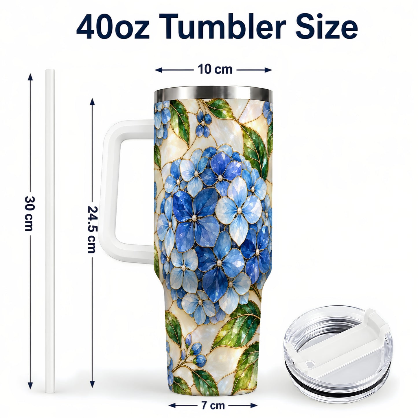 #pl[40oz|White] Hydrangea Mosaic 40oz Tumbler with Handle, Floral Stainless Steel Cup