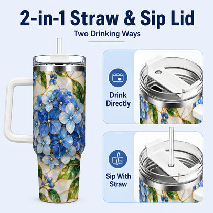 #pl[40oz|White] Hydrangea Mosaic 40oz Tumbler with Handle, Floral Stainless Steel Cup