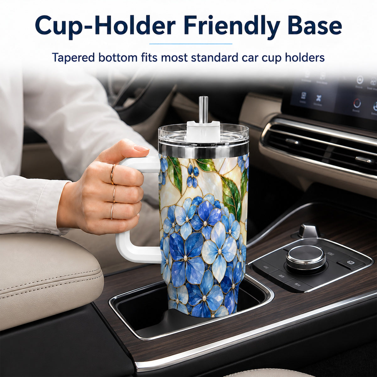 #pl[40oz|White] Hydrangea Mosaic 40oz Tumbler with Handle, Floral Stainless Steel Cup
