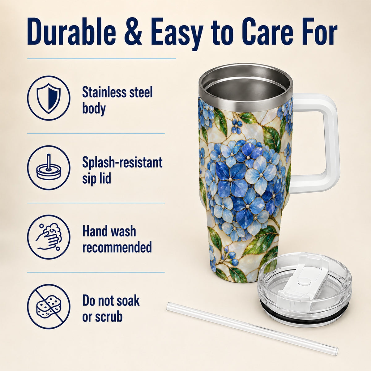 #pl[40oz|White] Hydrangea Mosaic 40oz Tumbler with Handle, Floral Stainless Steel Cup