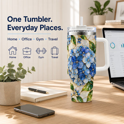 #pl[40oz|White] Hydrangea Mosaic 40oz Tumbler with Handle, Floral Stainless Steel Cup