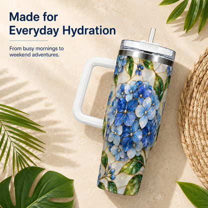 #pl[40oz|White] Hydrangea Mosaic 40oz Tumbler with Handle, Floral Stainless Steel Cup