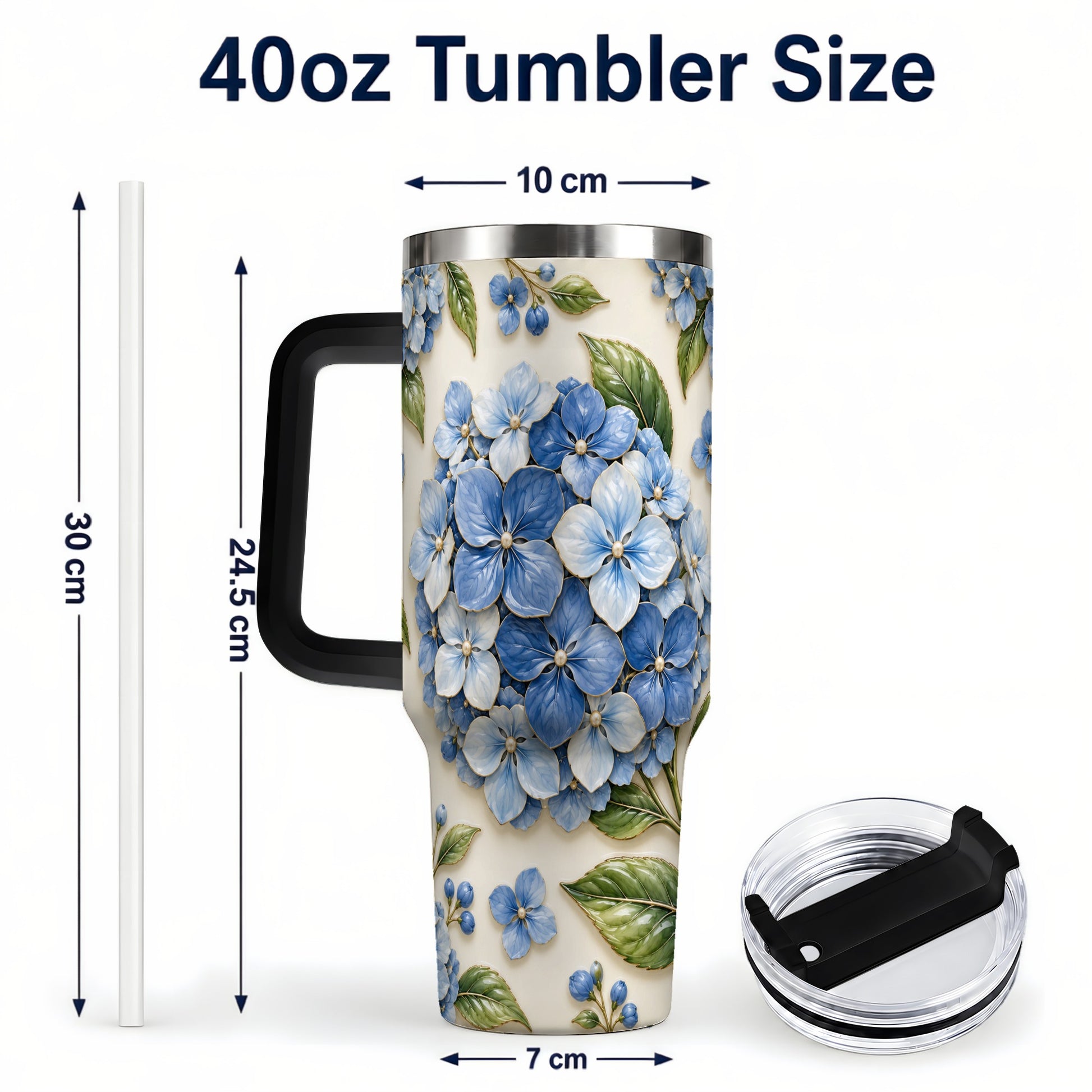 #pl[40oz|Black] Hydrangea Floral 40oz Tumbler with Handle, Botanical Travel Cup