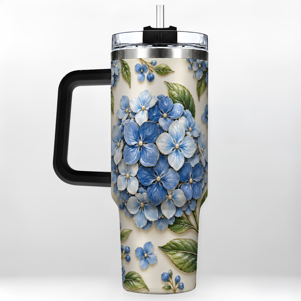 #pl[40oz|Black] Hydrangea Floral 40oz Tumbler with Handle, Botanical Travel Cup