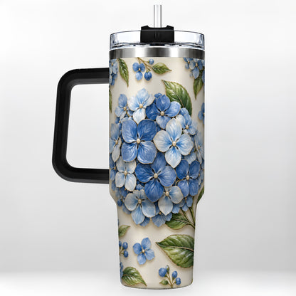 #pl[40oz|Black] Hydrangea Floral 40oz Tumbler with Handle, Botanical Travel Cup