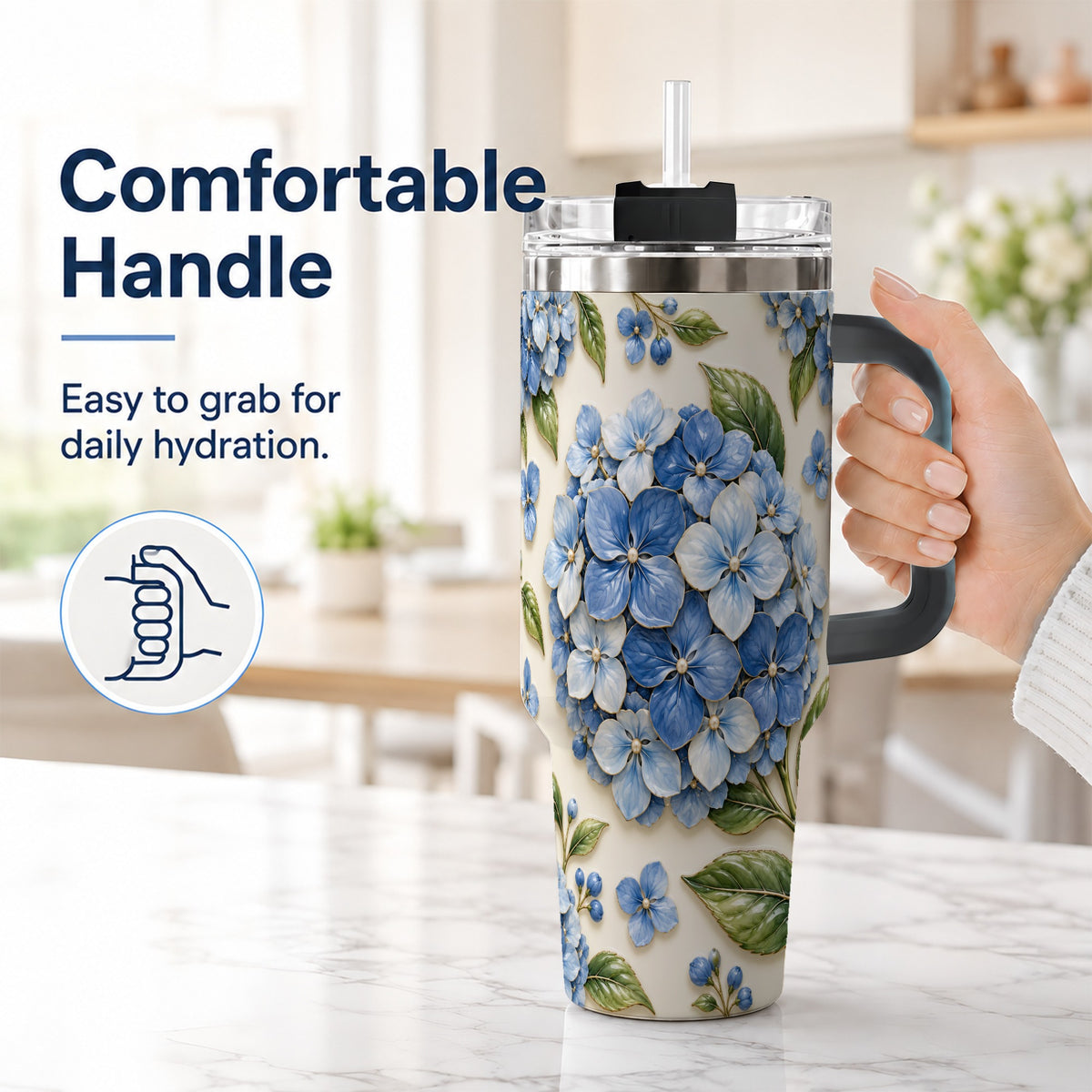 #pl[40oz|Black] Hydrangea Floral 40oz Tumbler with Handle, Botanical Travel Cup