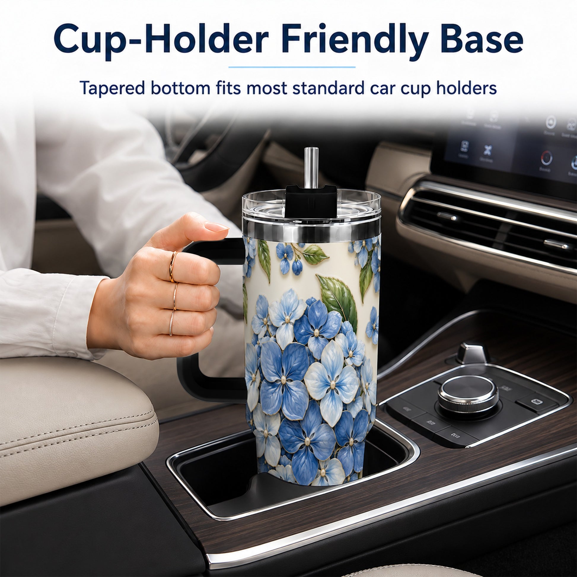 #pl[40oz|Black] Hydrangea Floral 40oz Tumbler with Handle, Botanical Travel Cup