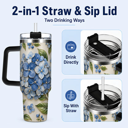 #pl[40oz|Black] Hydrangea Floral 40oz Tumbler with Handle, Botanical Travel Cup