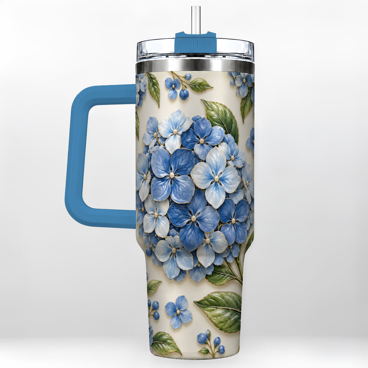 #pl[40oz|Blue] Hydrangea Floral 40oz Tumbler with Handle, Botanical Travel Cup