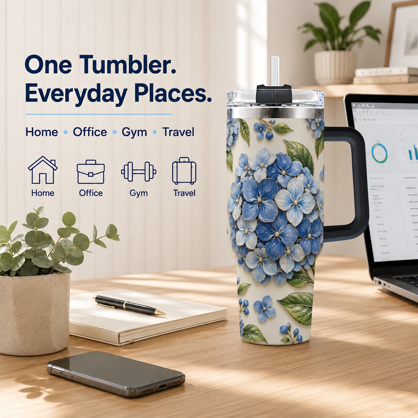 #pl[40oz|Black] Hydrangea Floral 40oz Tumbler with Handle, Botanical Travel Cup