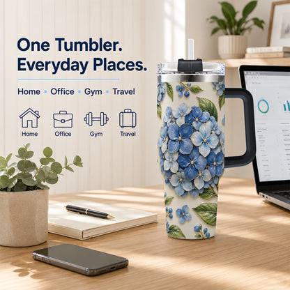 #pl[40oz|Black] Hydrangea Floral 40oz Tumbler with Handle, Botanical Travel Cup