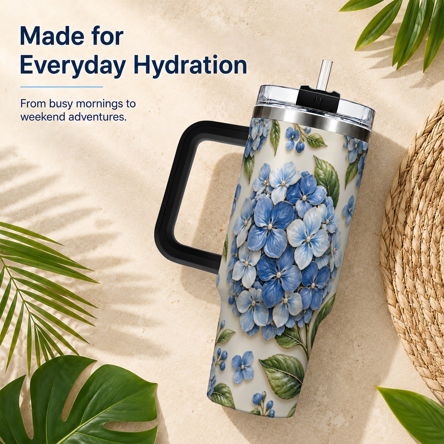 #pl[40oz|Black] Hydrangea Floral 40oz Tumbler with Handle, Botanical Travel Cup