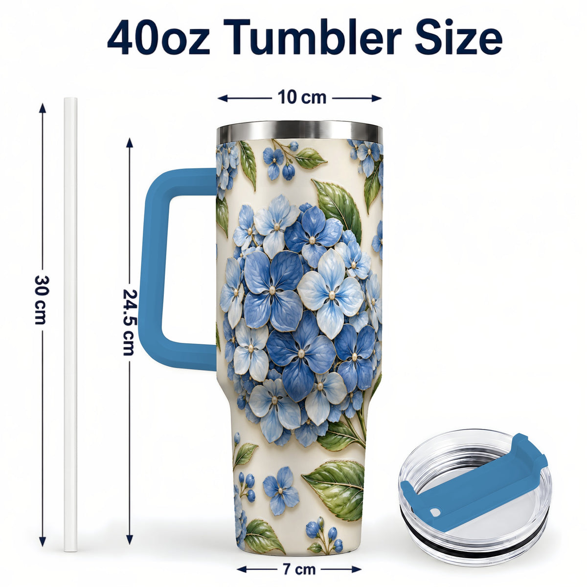 #pl[40oz|Blue] Hydrangea Floral 40oz Tumbler with Handle, Botanical Travel Cup