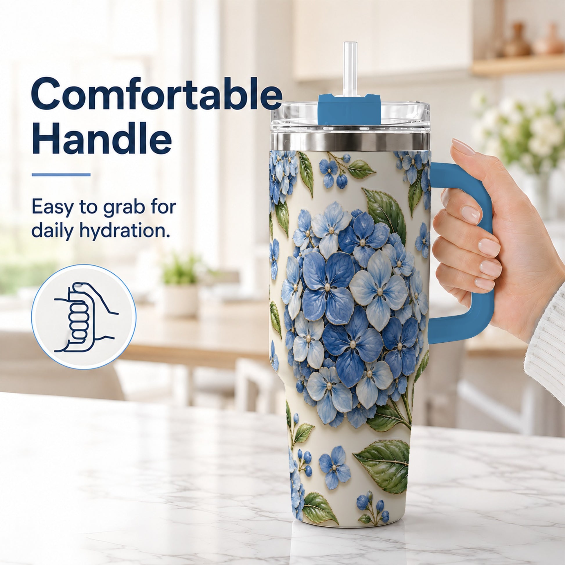 #pl[40oz|Blue] Hydrangea Floral 40oz Tumbler with Handle, Botanical Travel Cup