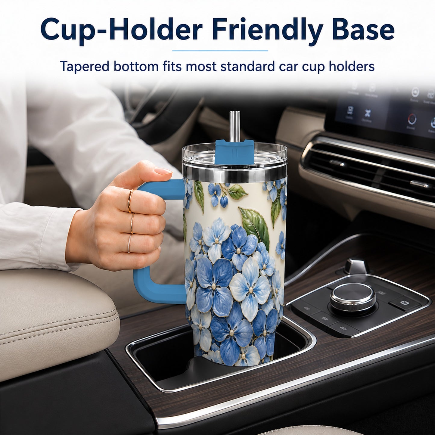 #pl[40oz|Blue] Hydrangea Floral 40oz Tumbler with Handle, Botanical Travel Cup