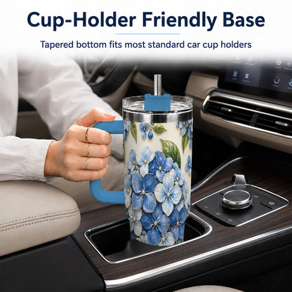 #pl[40oz|Blue] Hydrangea Floral 40oz Tumbler with Handle, Botanical Travel Cup