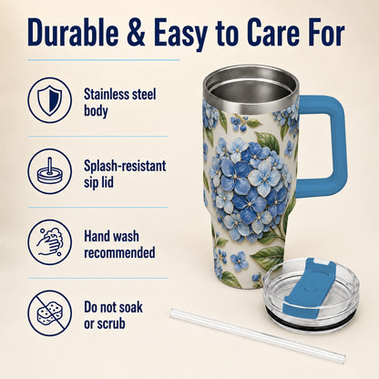 #pl[40oz|Blue] Hydrangea Floral 40oz Tumbler with Handle, Botanical Travel Cup