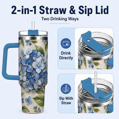 #pl[40oz|Blue] Hydrangea Floral 40oz Tumbler with Handle, Botanical Travel Cup