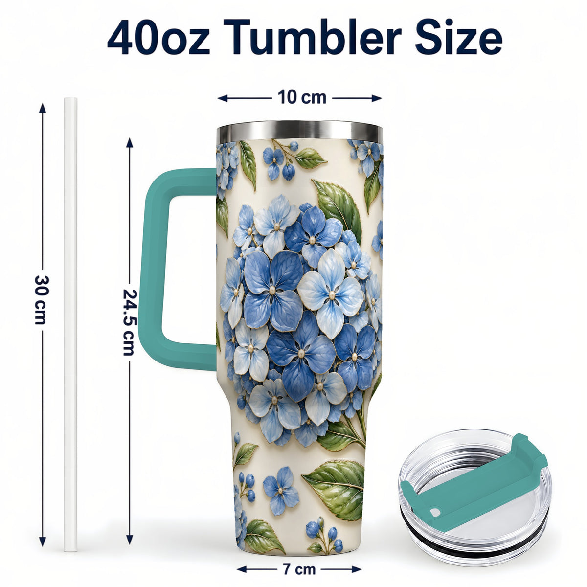 #pl[40oz|Green] Hydrangea Floral 40oz Tumbler with Handle, Botanical Travel Cup