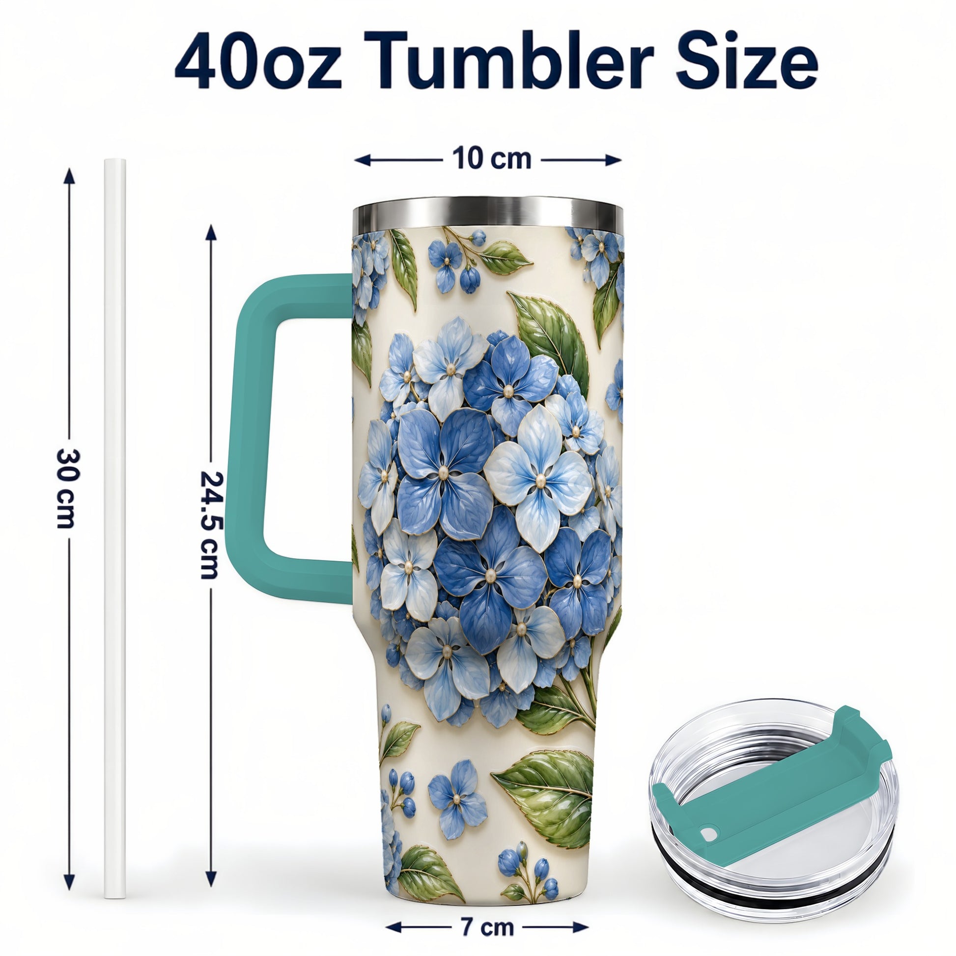 #pl[40oz|Green] Hydrangea Floral 40oz Tumbler with Handle, Botanical Travel Cup