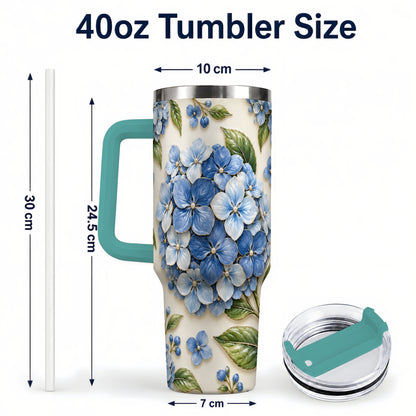 #pl[40oz|Green] Hydrangea Floral 40oz Tumbler with Handle, Botanical Travel Cup
