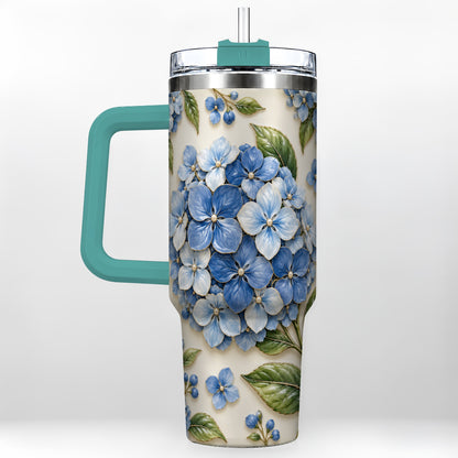 #pl[40oz|Green] Hydrangea Floral 40oz Tumbler with Handle, Botanical Travel Cup