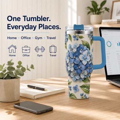 #pl[40oz|Blue] Hydrangea Floral 40oz Tumbler with Handle, Botanical Travel Cup