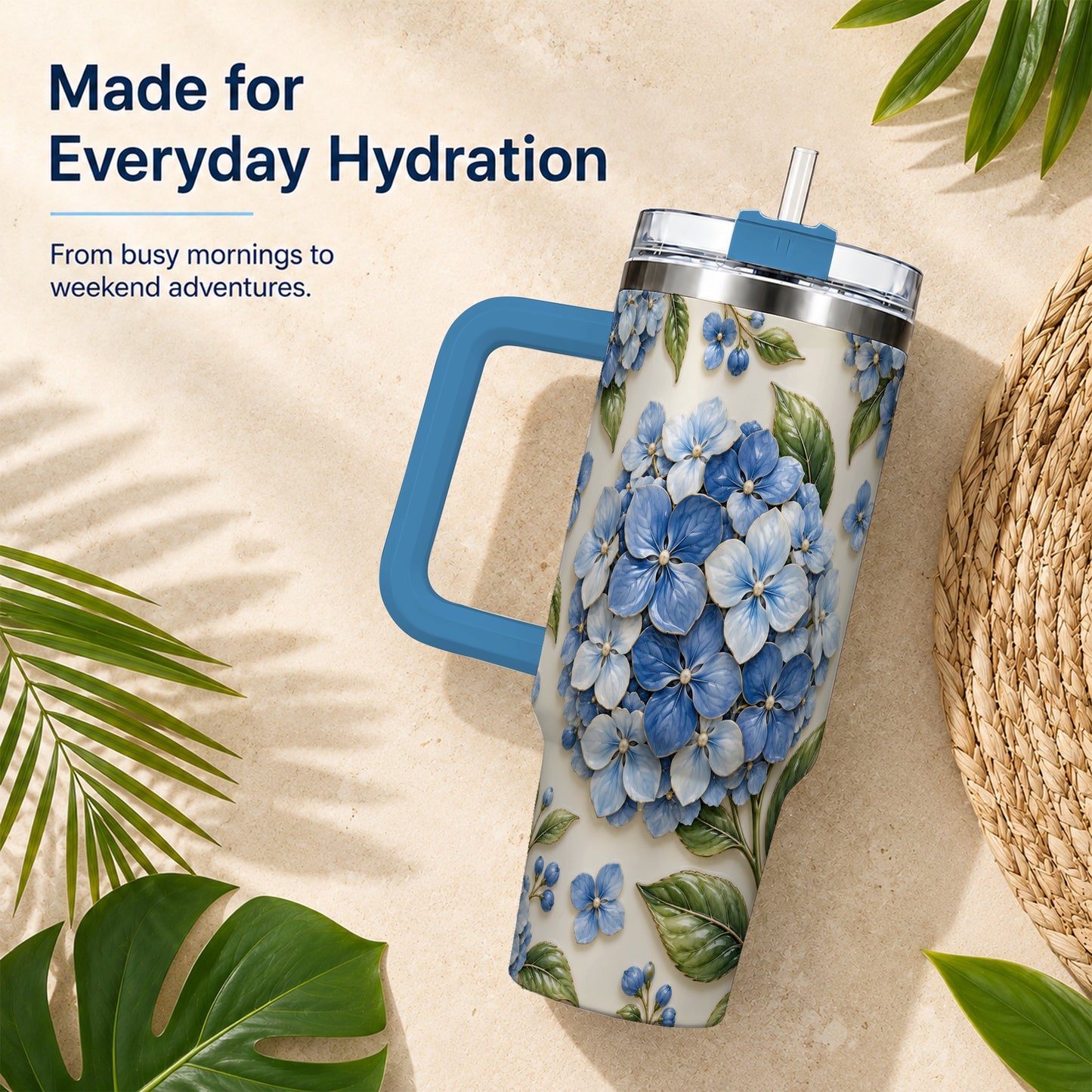 #pl[40oz|Blue] Hydrangea Floral 40oz Tumbler with Handle, Botanical Travel Cup