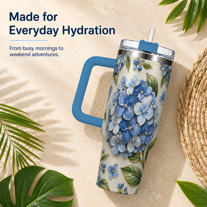 #pl[40oz|Blue] Hydrangea Floral 40oz Tumbler with Handle, Botanical Travel Cup