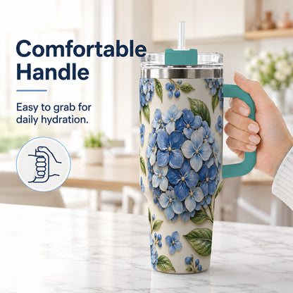 #pl[40oz|Green] Hydrangea Floral 40oz Tumbler with Handle, Botanical Travel Cup