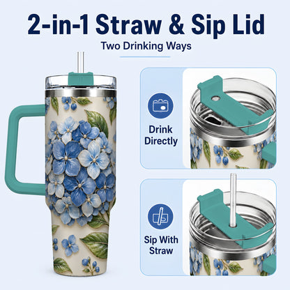 #pl[40oz|Green] Hydrangea Floral 40oz Tumbler with Handle, Botanical Travel Cup