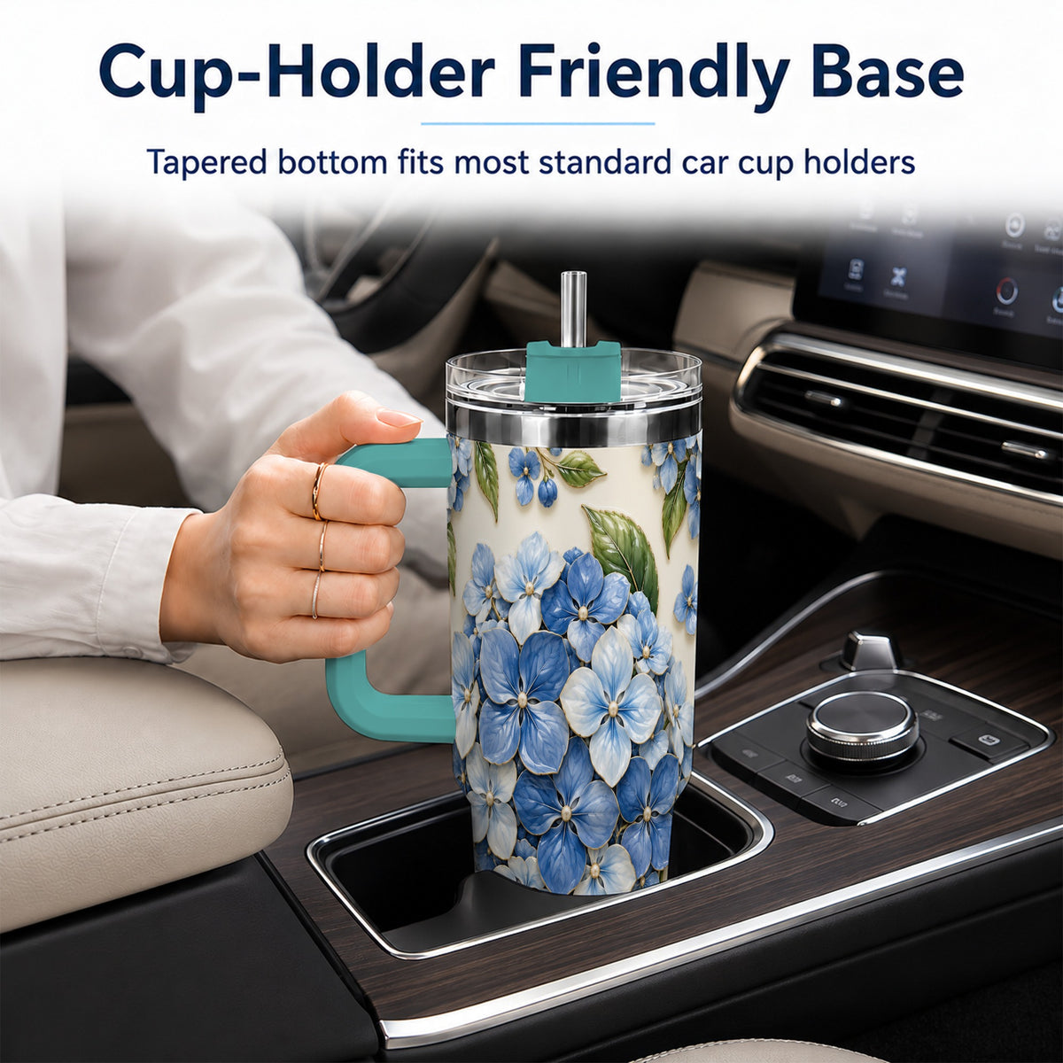 #pl[40oz|Green] Hydrangea Floral 40oz Tumbler with Handle, Botanical Travel Cup