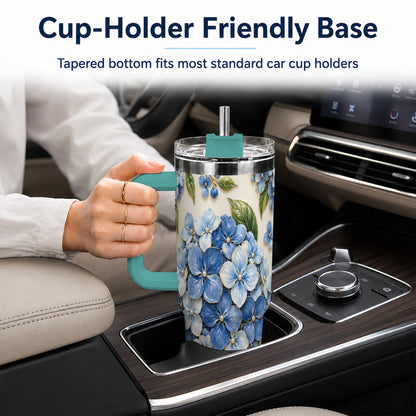 #pl[40oz|Green] Hydrangea Floral 40oz Tumbler with Handle, Botanical Travel Cup