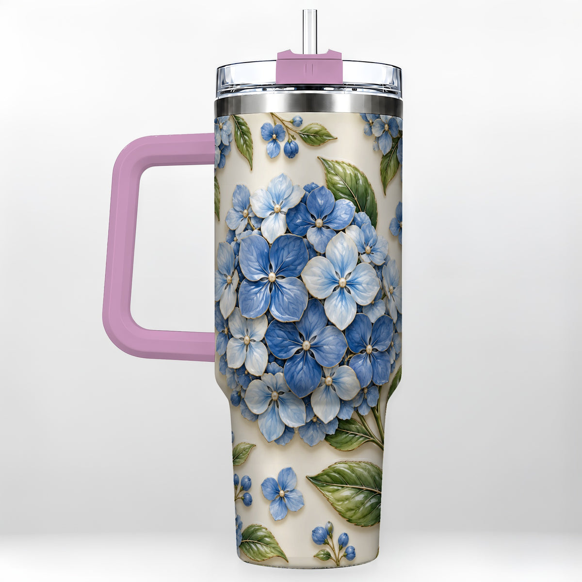 #pl[40oz|Pink] Hydrangea Floral 40oz Tumbler with Handle, Botanical Travel Cup