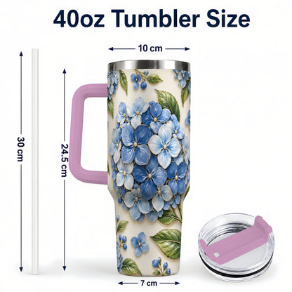 #pl[40oz|Pink] Hydrangea Floral 40oz Tumbler with Handle, Botanical Travel Cup
