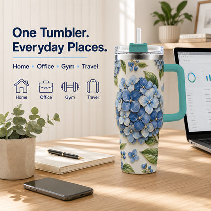 #pl[40oz|Green] Hydrangea Floral 40oz Tumbler with Handle, Botanical Travel Cup