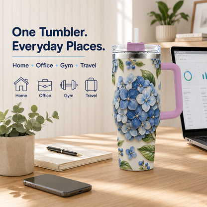 #pl[40oz|Pink] Hydrangea Floral 40oz Tumbler with Handle, Botanical Travel Cup